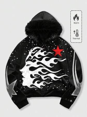 Herren Kapuzenpullover mit Sternenmuster und Fellbesatz, cool und stylisch, Herbst/Winter, Langarm Oberteil