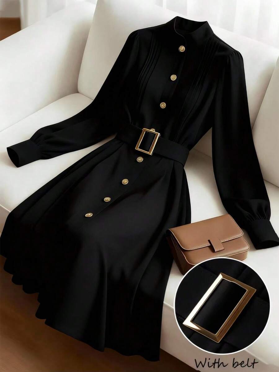 GlowEve 女士优雅圆领褶裥A字中长连衣裙，收腰设计，休闲通勤时尚，绿色长袖 - 黑色 - 查看 1