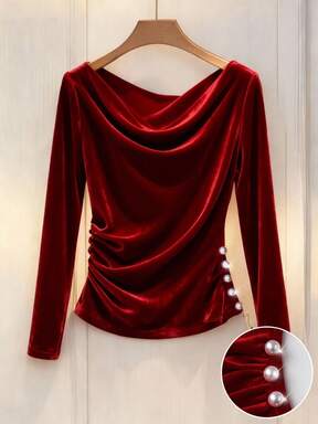 GlowEve Women's Velvet Plunging Neck Pearl Decor Elegant Commuting Daily Christmas New Year Holiday Party Red Long Sleeve Versatile Blouse