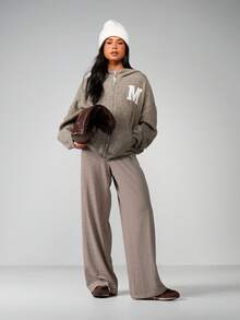 MISSGUIDED Knitted Zip Through Varsity Hoodie With Letter Applique Detail Winter Casual Outerwear - Khaki - View 3