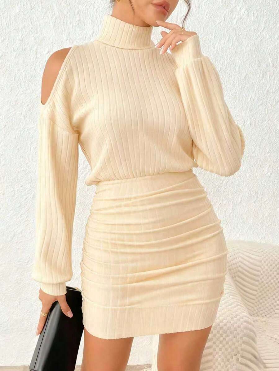 INAWLY Đầm ngắn hở vai cổ cao tay dài màu trơn thời trang dành cho nữ - Màu be - Xem 1