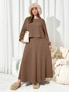 Auralis Plus Size Casual Solid Color Top And Skirt 2 Pieces Set, Brown/ Spring - Brown - View 4