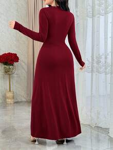 Feyla 女士纯色长袖修身优雅长裙 - 酒紅色 - 查看 2