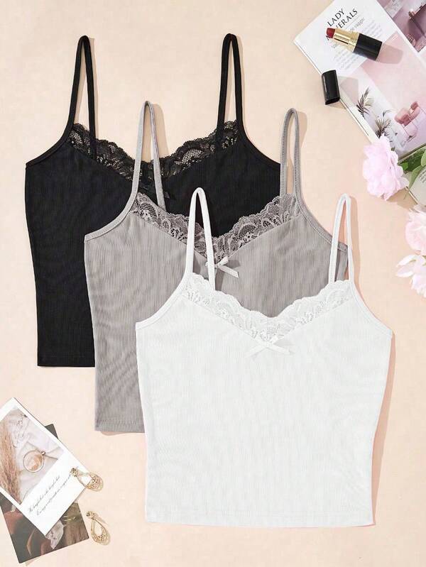3pcs Women Solid Color Lace Patchwork Bow Tie Casual Tops, Daily Wear