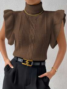 RosyDaze Women's Solid Color High Neck Cap Sleeve Ruffle Hem Fashionable Knit Sweater Vest - Coffee Brown - View 4