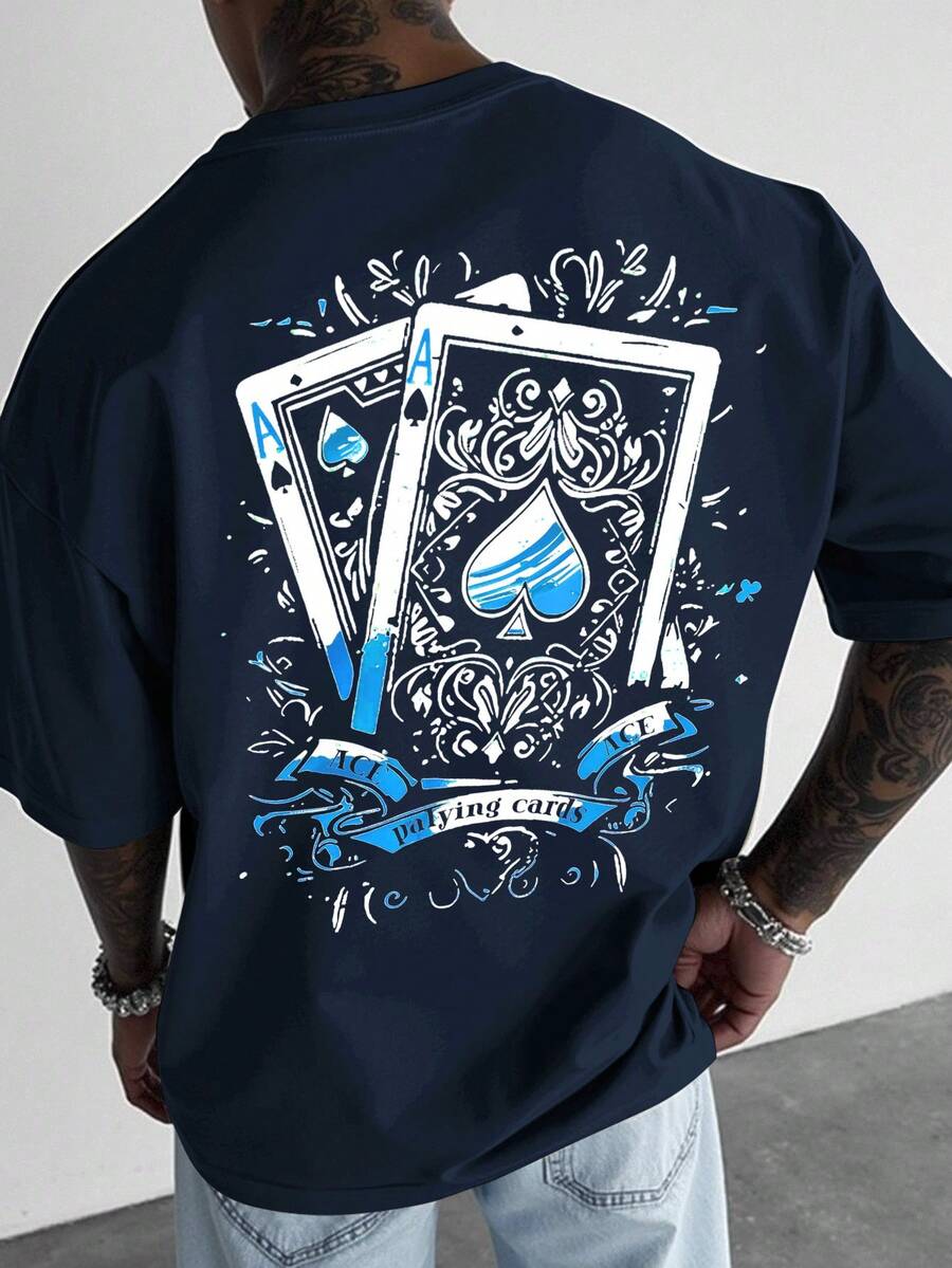 Manfinity LEGND 男士休闲卡片印花短袖T恤，夏季 - 藏蓝色 - 查看 1