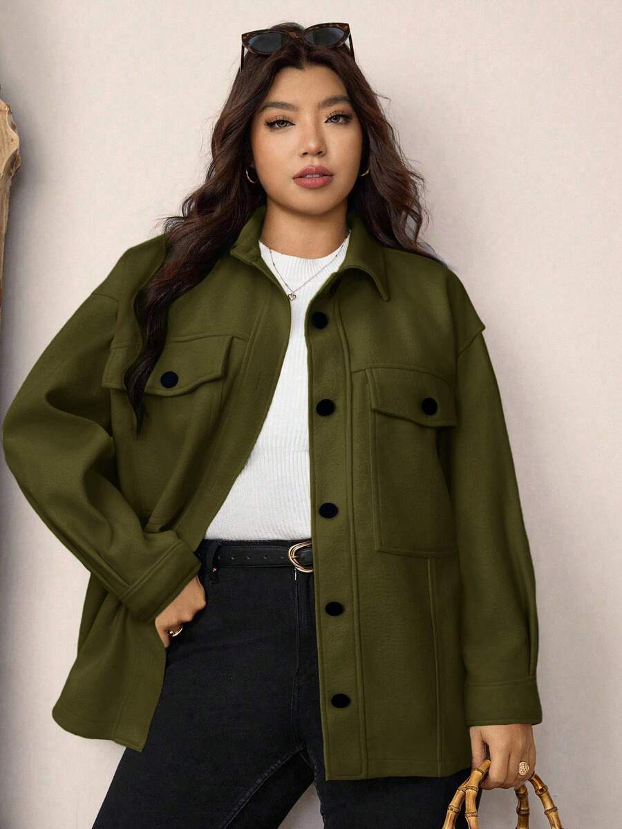 Zelara Plus Size Casual Solid Color Jacket, Autumn - Army Green - View 1