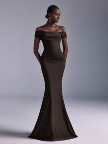 Elitara Elegant Ruched Off Shoulder Mermaid Dress, Suitable For Weddings, Parties, Vacations, Prom, Bridesmaid (Adult) - Coffee - View 7
