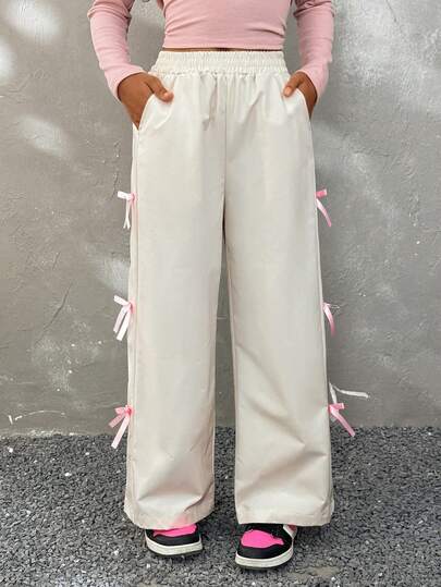 Coolane Kids Pantalones de utilidad con cintura elástica, cinturón anudado, bolsillos y moño para niñas preadolescentes en primavera/verano