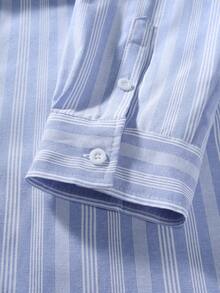 Manfinity Mode 男士休闲条纹长袖衬衫，浅蓝色和白色，商务休闲男士衬衫，蓝色条纹衬衫，男士条纹衬衫，蓝白男士衬衫，复古风格，日常休闲，周末旅行，户外活动，探险旅行，轻松的工作环境或半正式场合，男友/丈夫礼物，周年纪念礼物，圣诞节派对礼物 - 藍白色 - 查看 4