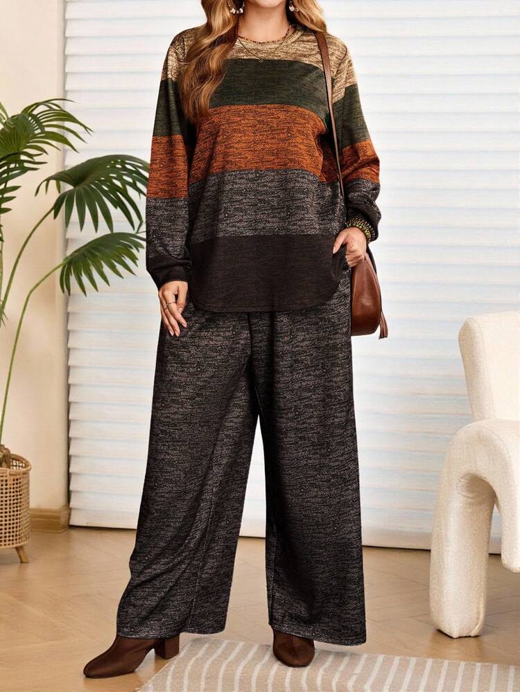 2pcs Plus Size Women Fall/Winter Country  Casual Vacation Round Neck Long Sleeve Color Block Striped Print Sweatshirt Top And Pants Two Pieces Set With Pockets, Autumn/Winter,Going Out Outfits,2025 New Clothes,Simple And Fashionable For Everyday Wear, Plus Size Winter Clothes, Christmas Outfit For Women ,New Year Clothes,Winter Clothes For Women,Thanksgiving Outfit For Women,2 Piece Lounge Sets Woman, Two Piece Set Women Comfy,Comfortable And Breathable,Plus Size Winter Clothes, Modest Two Piece Set, Comfortable Two Piece Set, Modest Sets For Women, Wide Leg Pants Set
