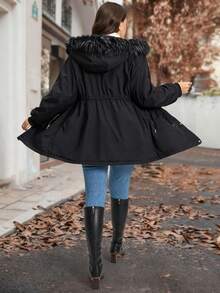 SHEIN Clasi Plus Size Women's Black Winter Casual Hiking Coat,Faux Fur Collar Hooded Zip-Up Jacket With Plush Lining,Drawstring Belt,Double Pockets,Warm Vintage - Black - View 10