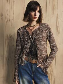 GENKIRA 女士复古开襟羊毛衫，门襟袖口饰有水结串珠梳理设计，适合日常通勤和秋季穿着，圣诞节必备单品 - 咖啡棕 - 查看 4