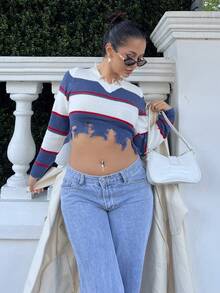 NegzBox Women's V-Neck Long Sleeve Blue & White Striped Ripped Distressed Fringe Casual Pullover Sweater Knit Pullover Fall Winter Striped Design Back To School Fashion - Blue and White - View 6