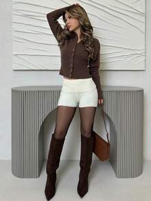 Jemour Knitted Foldover Waistband Hotpants Spring Y2K 90's Casual Cute Summer Vacation Festival Holiday Airport Summer Fall Back To School Autumn Winter Everyday Christmas Work Office - Cream - View 5