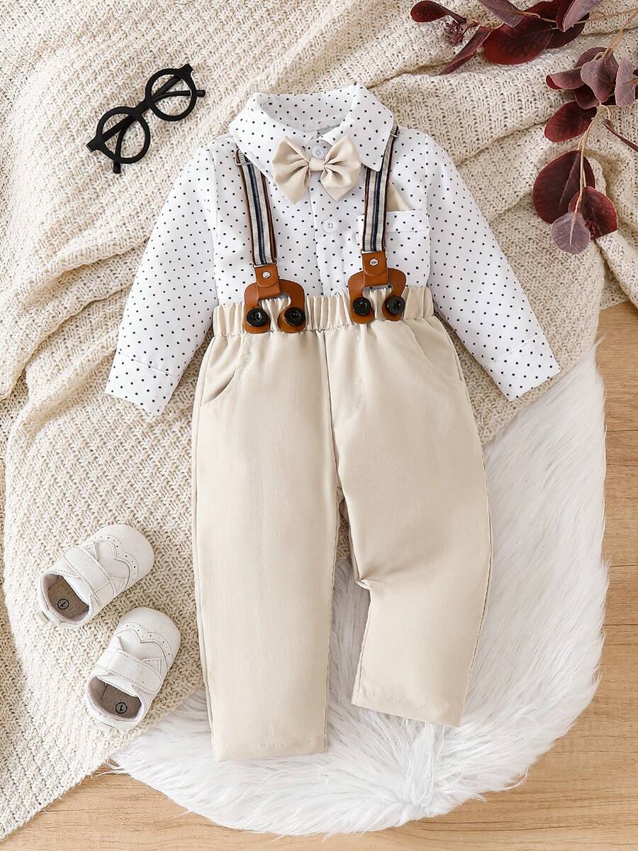 SHEIN Set 2 buc cămașă cu mânecă lungă și pantaloni cu pieptăn pentru bebeluși băieți, cu buline