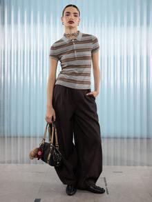 COUREZ Short Sleeve Shrunken Polo Shirt In Stripe , Y2K Top Spring For Women Going Out Top Casual - Multicolor - View 4