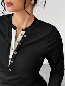 Elenzga Plus Size Women Elegant Casual Color Block V-Neck Long Sleeve Top And Skirt 2 Pieces Set - Black - View 6
