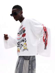 SUMWON Long Sleeve Racing Graphic Tee With Personal Best Speed Up Print And California Flames Casual - White - View 6