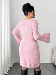 Elenzga Autumn/Winter New Elegant Versatile Pink Square Collar Big Pearl 3D Faux Mink Flare Sleeve Pink Long Sleeve Short Knit Dress - Pink - View 2
