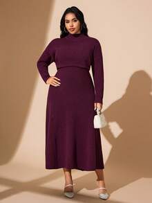 Hourglow Plus Size Elegant Solid Color Knit Midi Dress, Suitable For Commuting, Autumn/Winter, For Hourglass Body Shape - Burgundy - View 4