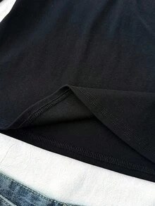 SHEIN Tween Girls Tight-Fitting, Fashionable Basic Button-Detailed Long Sleeve Casual T-Shirt, Back To School, Simple Tee, Elastic & Soft Ribbed Fabric, Black Cute Black Tops Long Sleeve Tops Black Shirt Black Long Sleeve Top Tight Shirts For Girls - Black - View 7