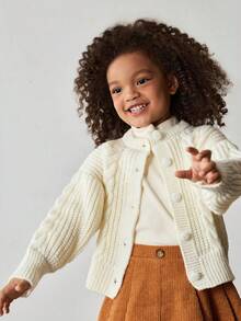 Maija Kids Girls Cropped Turtleneck Cable Knit Cardigan, Retro Loose Fit Knitted Sweater Jacket, Versatile For Autumn/Winter - Apricot - View 3