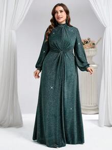 Coutiva Plus Size Formal Evening Dress (Heavily Embellished) - Dark Green - View 4