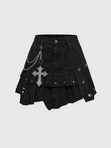ROMWE Grunge Punk Gothic Visual Cross Embroidery Metal Chain Pendant A-Line Pleated Denim Skirt - Black - View 1