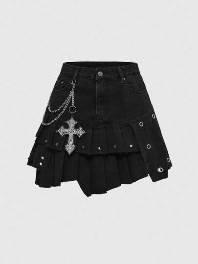 Grunge Punk Gotischer Kreuz-Stickerei Metall-Ketten Anhänger A-Linie Plissee Denim Rock