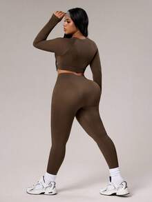 Rhythm Era Ensemble Top à manches longues sans couture et leggings taille haute pour femmes grande taille - Vert olive - Voir 2