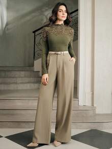 Anewsta Áo thun nữ tay dài cổ tròn ren ôm dáng thanh lịch, thích hợp cho mùa thu, đông, xuân, năm mới, tiệc tùng, đám cưới, sang trọng, sành điệu, trang trọng, công sở, lễ tạ ơn, tốt nghiệp, giáng sinh, lễ hội - màu xanh lá - Xem 5