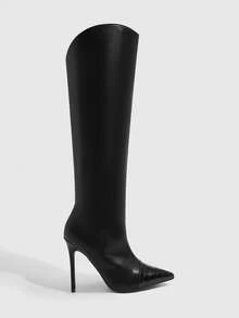 CUCCOO SZL Women's Pointed Toe Ruched Design Fashion High Heel Knee-High Boots - Black - View 2
