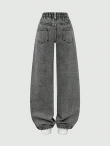 SHEIN ChillGRL 少女水钻装饰牛仔裤，Y2K休闲时尚百搭四季水洗直筒牛仔裤，黑灰色宽松星形牛仔裤