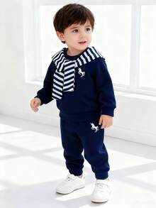 SHEIN 3pcs Baby Boy Baby Girl Unisex Infant Toddler 6M-3T Embroidered Pattern Crew Neck Thermal Lined Sweatshirt And Striped Shawl Collar Pants Set, Autumn/Winter Baby Casual Sets Baby Autumn Outfits Baby Tracksuit Baby Winter Outfits Baby Sweat Outfits Baby Boy Outfit Baby Boy Outfit Set Baby Boy Clothes Boys Outfit Sets Fall Kids Boys - Blue - View 3