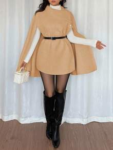 Islaluna Elegante abrigo capa de solapa de color beige con cinturón negro en la cintura, para otoño/invierno - Camel - Ver 5