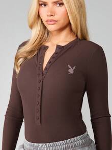Missguided x Playboy Ribbed Long Sleeve Button Up Bodysuit With Logo Detail For Fall Winter Casual Outfits - Coffee Brown - View 5