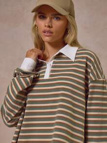 MUSERA 超大条纹领长袖上衣，秋季清凉街头风，休闲日常百搭，春夏假日必备。 - 彩色 - 查看 2