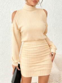 INAWLY Đầm ngắn hở vai cổ cao tay dài màu trơn thời trang dành cho nữ - Màu be - Xem 3