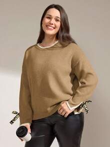 Momelise Plus Size Solid Color Minimalist Crew Neck Long Sleeve Pullover Sweater - Multicolor - View 5