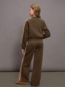 SHEIN Tween Girls 2 Pieces Casual Jacket & Pants Set,Olive Green,Autumn,Streetwear,City Break,Color Block Design With Contrast Trim,Relaxed Fit Knit Outfit - Coffee Brown - View 2