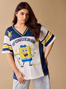 SpongeBob SquarePants | SHEIN 大码休闲撞色卡通图案V领短袖T恤，夏季 - 彩色 - 查看 3