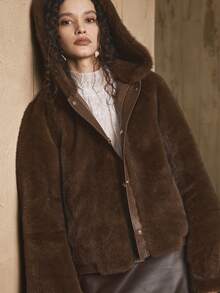 Revavyn Revavyn Women's Coffee Brown Short Faux Fur Coat,Winter Elegant Date Faux Leather Patchwork Buttons Straight Fit Fluffy Collar Jacket For Holiday Party - Coffee Brown - View 7