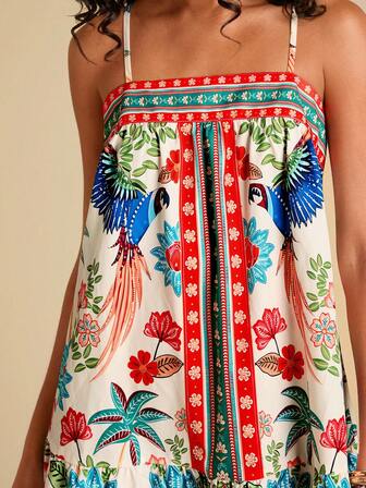 Travachic 女士吊带撞色复古鹦鹉图案度假迷你连衣裙