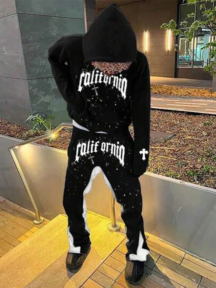 SHEIN 2 件儿童/青少年男童休闲日常舒适字母印花连帽运动衫和直筒宽松运动裤套装 - 黑與白 - 查看 1