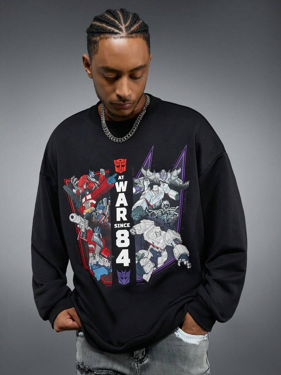 Transformers X SHEIN Men's Casual Robot & Letter Pattern Round Neck Drop Shoulder Sweatshirt, Autumn - Black - View 1