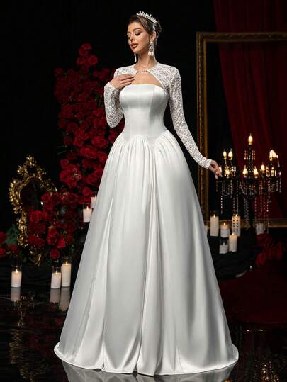 Glamrae Elegant Luxury Romantic 2-Piece Set, Minimalist Cold Shoulder Bustier Top With Wavy Waistline Design, Paired With Long Sleeve French Embroidered Lace, Suitable For Various Occasions Such As Wedding Gown, Formal Dress