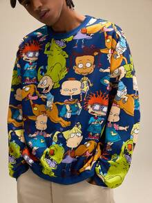 Nick 90s | SHEIN Men's Casual Cartoon Pattern Round Neck Drop Shoulder Sweatshirt, Autumn - Navy Blue - View 1