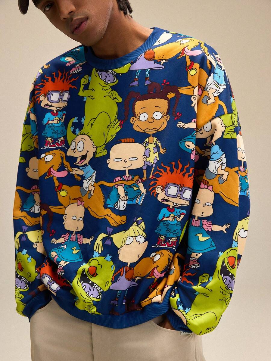 Nick 90s | SHEIN Men's Casual Cartoon Pattern Round Neck Drop Shoulder Sweatshirt, Autumn - Navy Blue - View 1