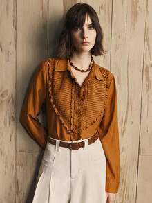 Zanirela 女士梭织棉质纹理面料荷叶边褶饰装饰纽扣休闲通勤常规衬衫 - 薑色 - 查看 6